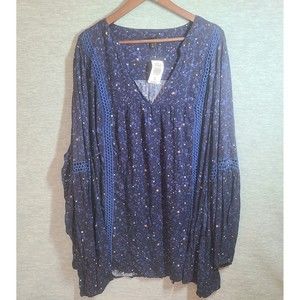 Torrid Tunic Top Womens Plus 5X Blue Twill Lace Trim Pullover Long Sleeve Blouse